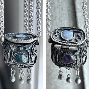 Vintage Silver Gemstone Locket Purse Necklace Tibetan Sajai India Amethyst Rare
